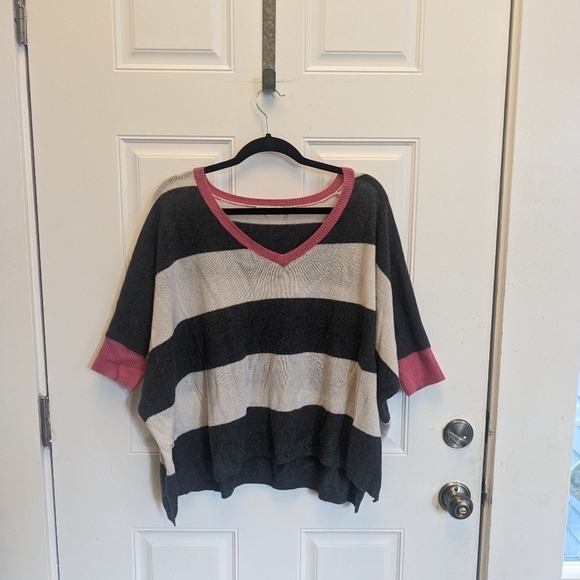 Minnie Rose 100% Cashmere Striped Short Sleeve Sweater - Picture 1 of 5